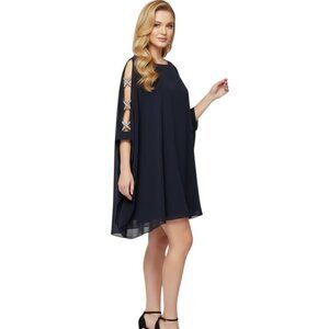 Xscape Black Chiffon Mini Cocktail Dress 4 Rhinestone Cape Arms Flowy Butterfly